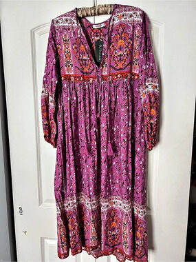 R.Vivimos Women's Long Sleeve Floral Print Retro V Neck Tassel Bohemian Midi